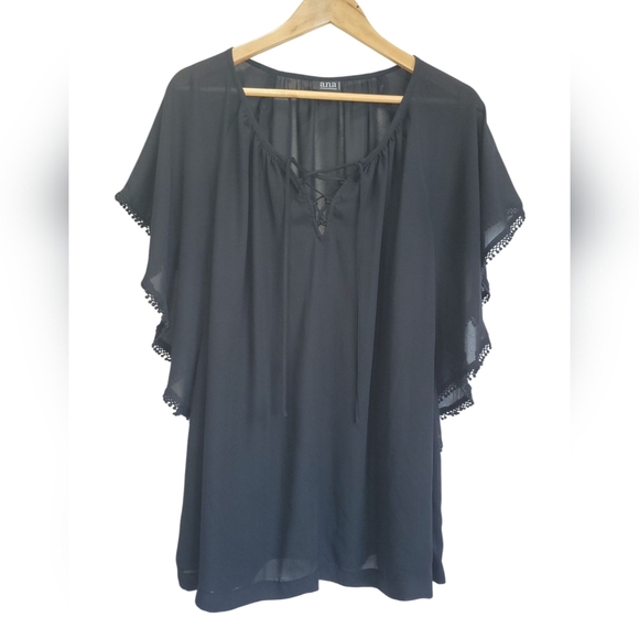 2X A.N.A Charcoal Black Tie Front Blouse with Lace-Up V-Neck & Flutter Sleeves - Picture 3 of 6